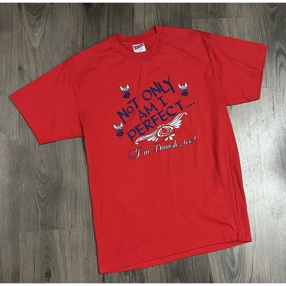 Vintage T Shirt Not Only Am I Perfect I'm Danish Too Single Stitch Large Red - Picture 1 of 7